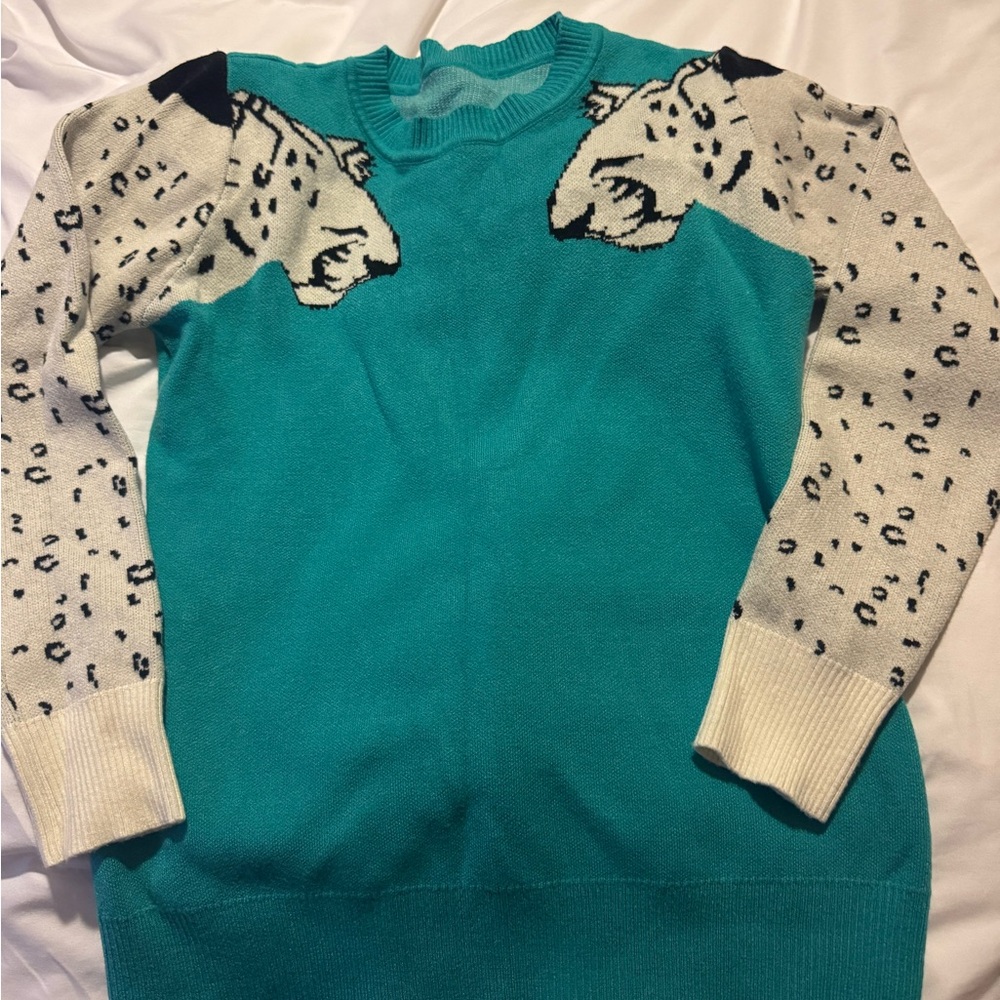 Amazon Teal Sweater with Leopard Design